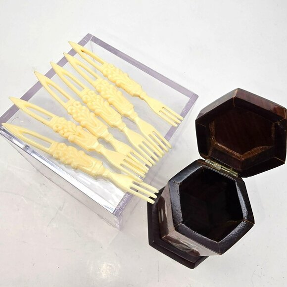 Wooden Toothpick Holder With Mother Of Pearl Inlay & 6 Plastic Fork Picks JE263 - Picture 6 of 6